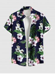 Plus Size Tropical Leaves Floral Print Hawaii Button Pocket Shirt For Men -  