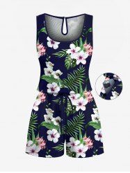 Plus Size Tropical Leaves Floral Print Hawaii Drawstring Pocket Jumpsuit - Noir L