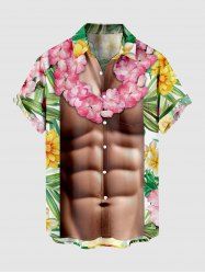 Plus Size Tropical Leaf Flower Muscle Print Hawaii Button Pocket Shirt For Men -  