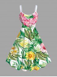 Plus Size Tropical Leaf Flower Wreath Print Hawaii A Line Tank Dress -  