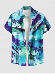 Plus Size Coconut Tree Flower Ombre Seascape Print Hawaii Button Pocket Shirt For Men -  