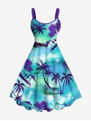 Robe débardeur trapèze hawaïenne grande taille à imprimé paysage marin ombré et fleurs de cocotier - Bleu L