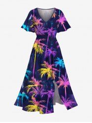 Plus Size Colorful Coconut Tree Print Hawaii Split Pocket A Line Midi Dress -  
