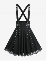 Gothic Buckle Grommet Strap Lace Trim Textured Crisscross Strappy Suspender A Line Skirt -  