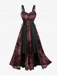 Robe débardeur à imprimé floral cachemire floqué tie-dye, œillets en maille, lacets, bordure en dentelle froncée - Rouge S