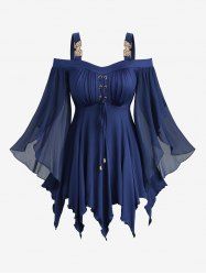 Haut asymétrique à épaules dénudées et manches papillon avec empiècement à lacets et œillets froncés - Bleu profond L