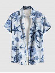 Chemise hawaïenne grande taille à imprimé poulpe, étoile de mer, coquillage, crabe, boutons et poches pour homme - Bleu L