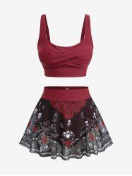 Plus Size Skull Rose Flower Paisley Print Twist Tankini Swimsuit (Adjustable Shoulder Strap) - Rouge L | US 12