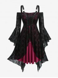 Cross Flocking Mesh Grommets Lace Up Flare Sleeves Cold Shoulder Dress -  