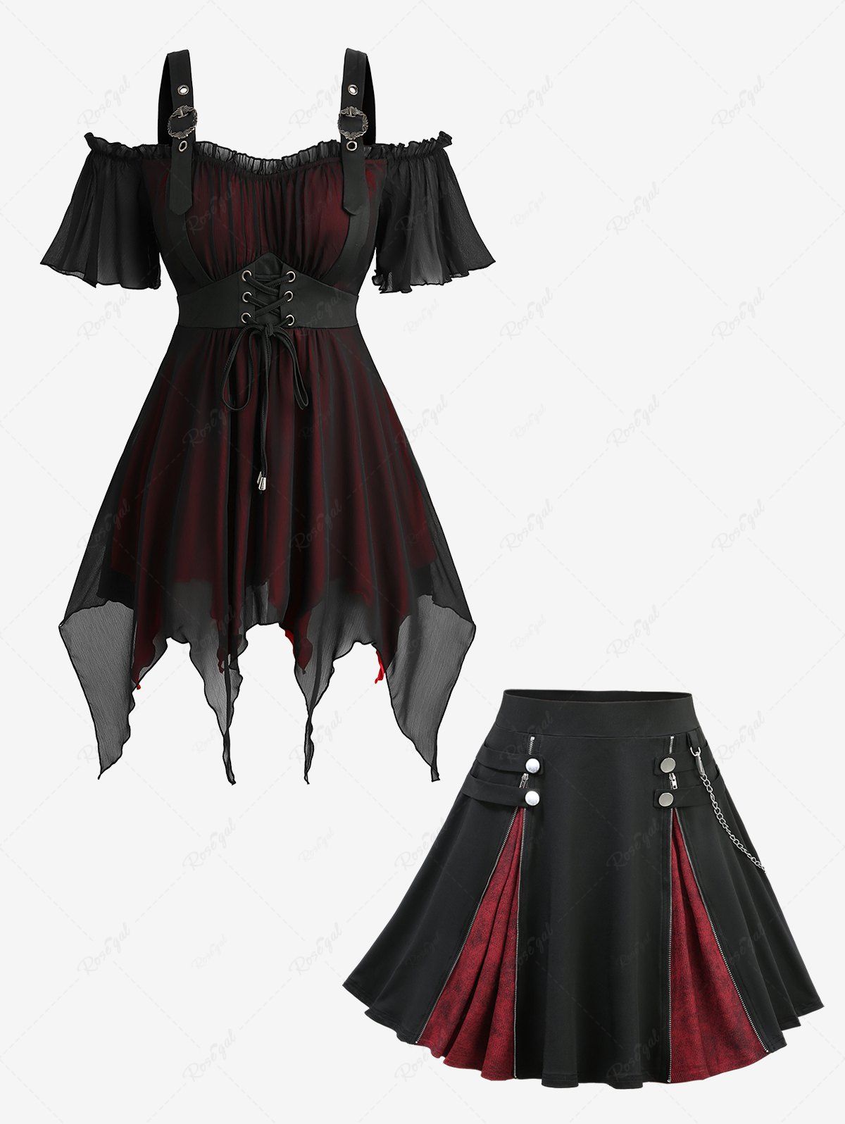 Shop Mesh Lace Up Asymmetrical Cold Shoulder Blouse and Marled Patchwork Skirt Plus Size Outfit  