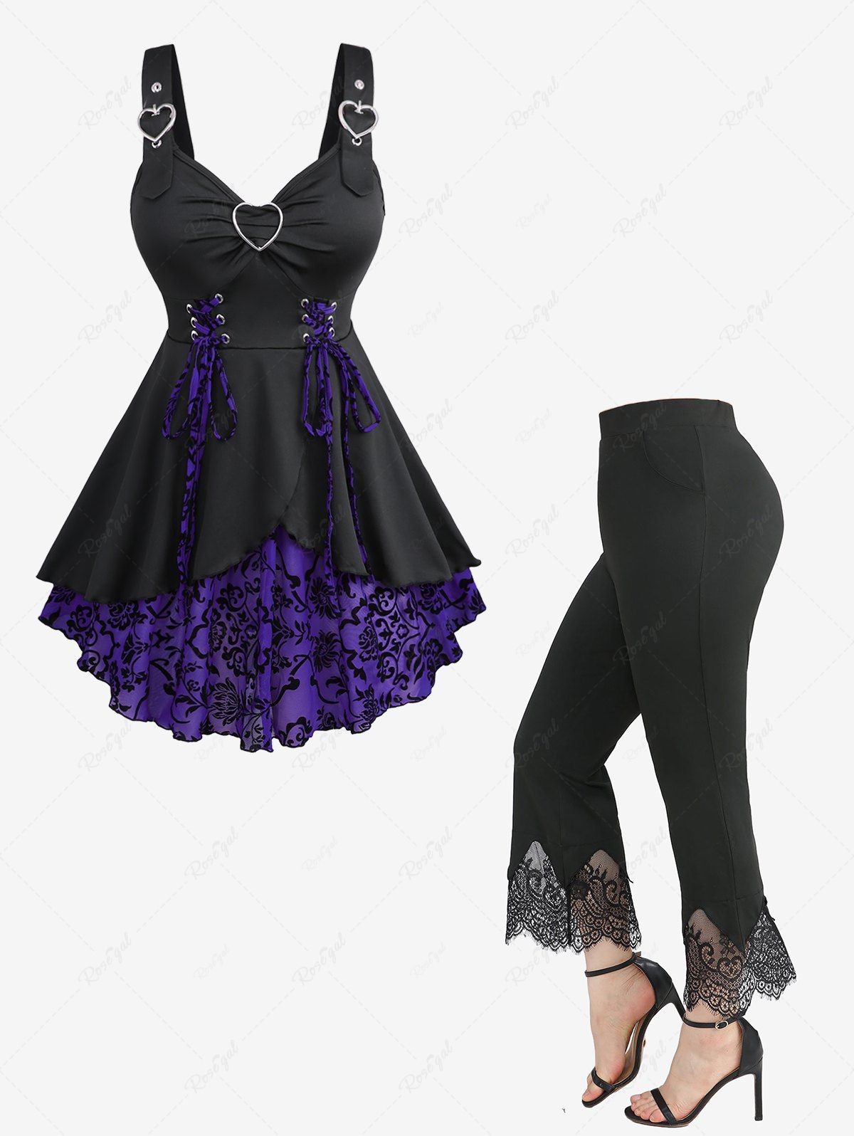 Trendy Lace Up Flocking Tulip Hem Tank Top and Scalloped Tassel Flare Pants Plus Size Outfit  