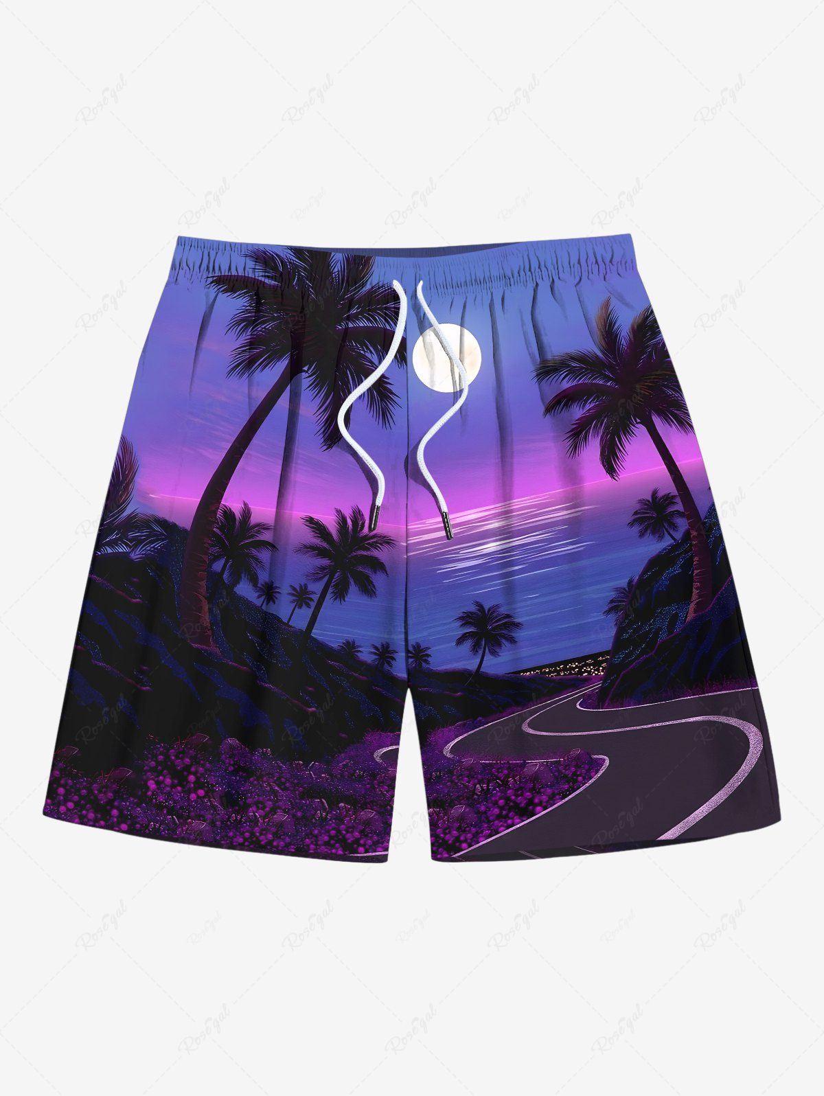 Short de Plage Imprimé Cocotiers Lune et Paysage Marin Grande Taille pour Hommes Pourpre  8XL