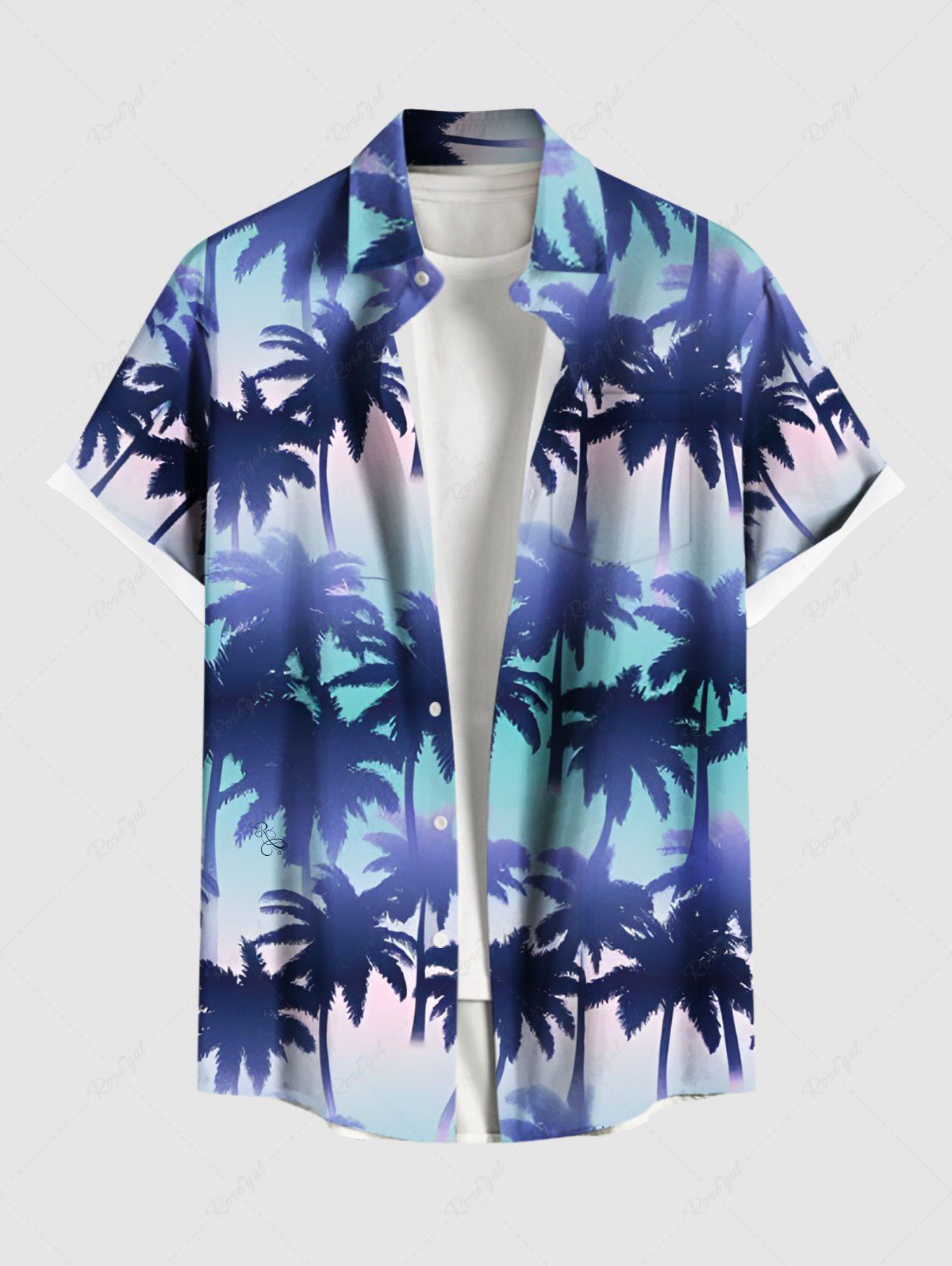 Fashion Plus Size Coconut Tree Ombre Striped Print Hawaii Button Pocket Shirt For Men  