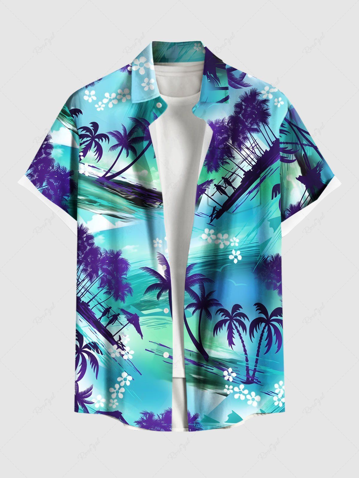 Outfit Plus Size Coconut Tree Flower Ombre Seascape Print Hawaii Button Pocket Shirt For Men  
