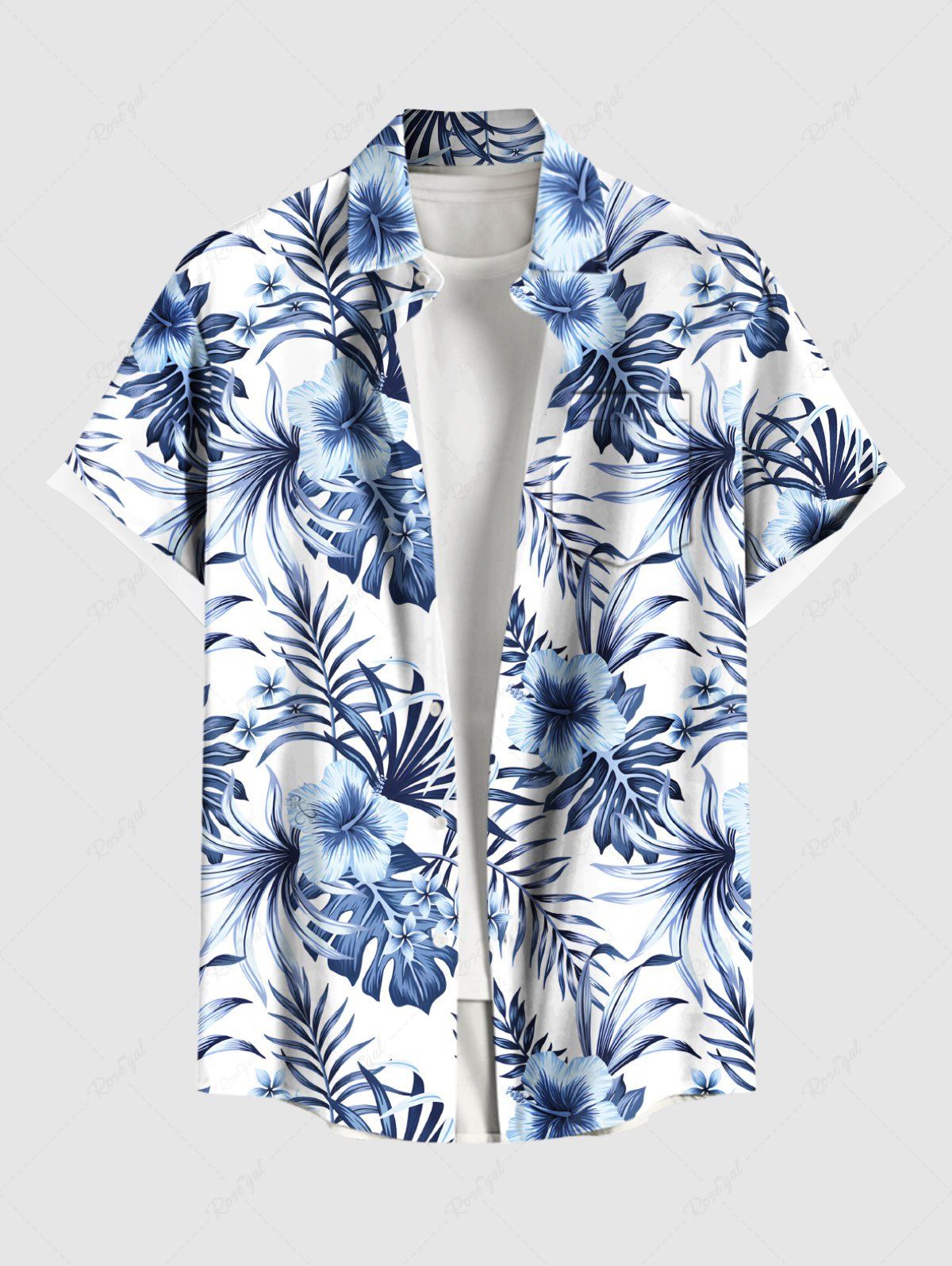 Chemise Imprimé à Feuilles et Fleurs Tropicales Grande Taille avec Poche pour Homme Bleu clair 6XL