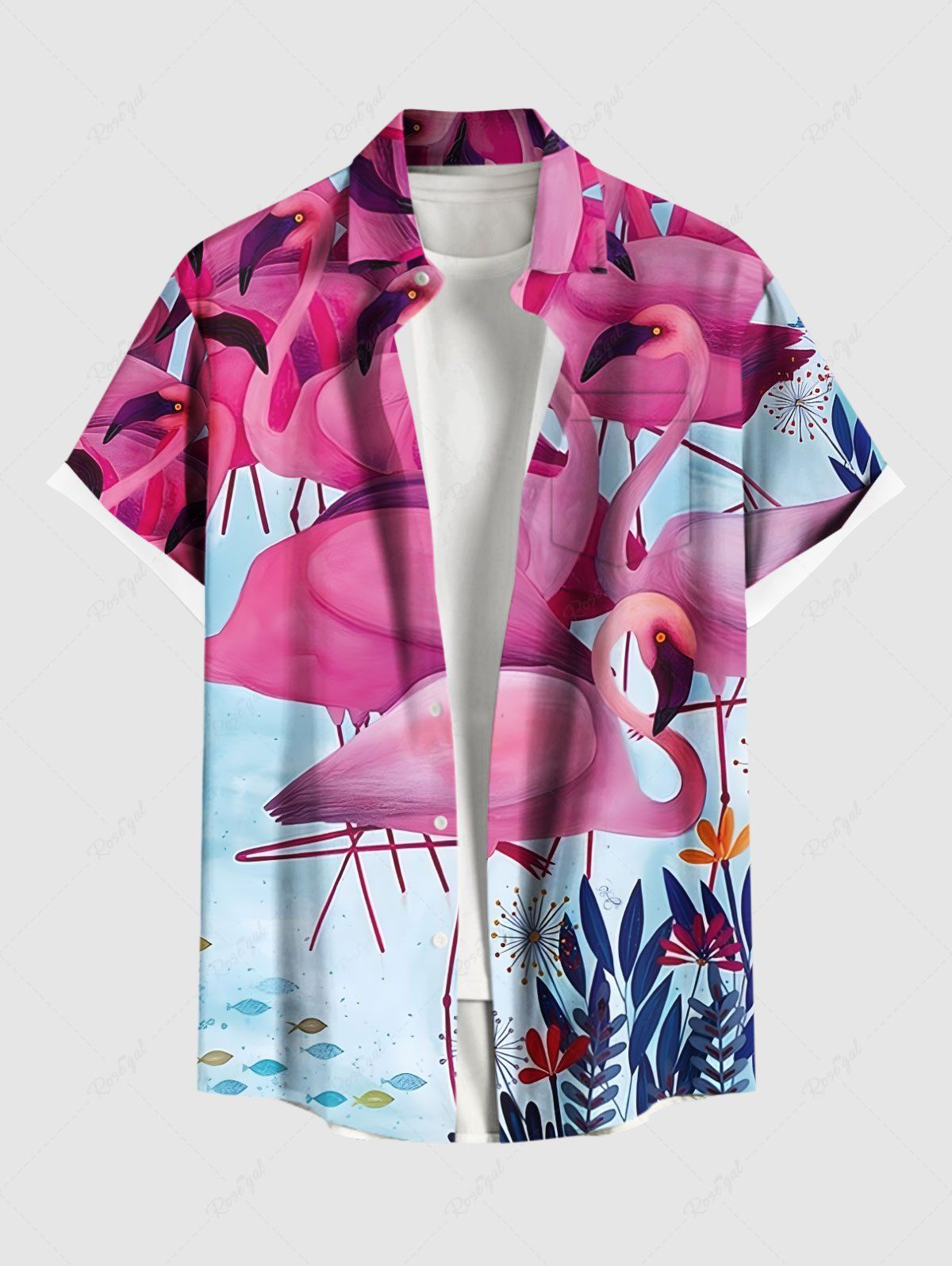 Chemise hawaïenne grande taille à imprimé flamant rose, feuilles, poissons et boutons avec poche pour homme Rouge M