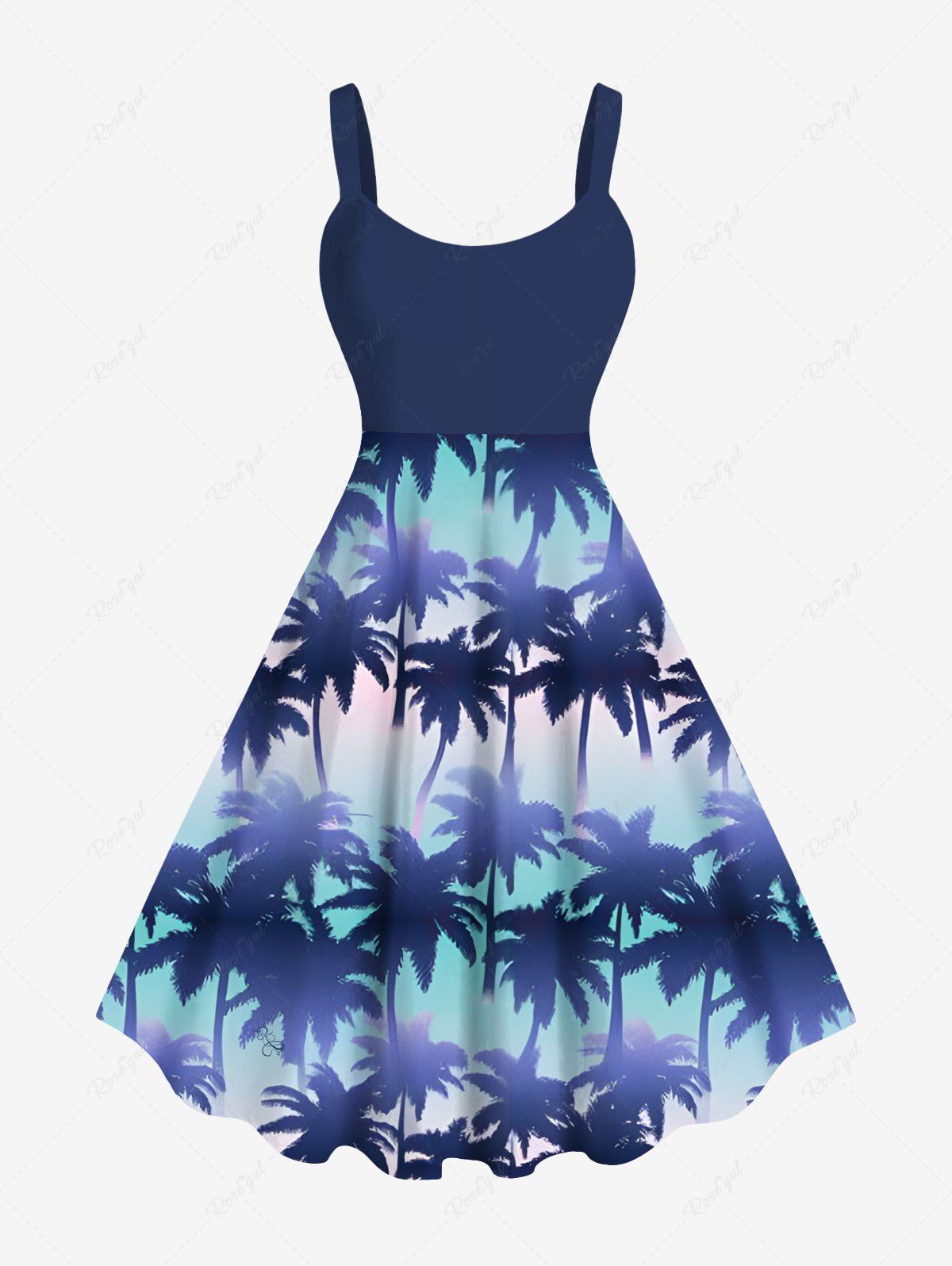Store Plus Size Coconut Tree Ombre Striped Print Hawaii A Line Tank Dress  