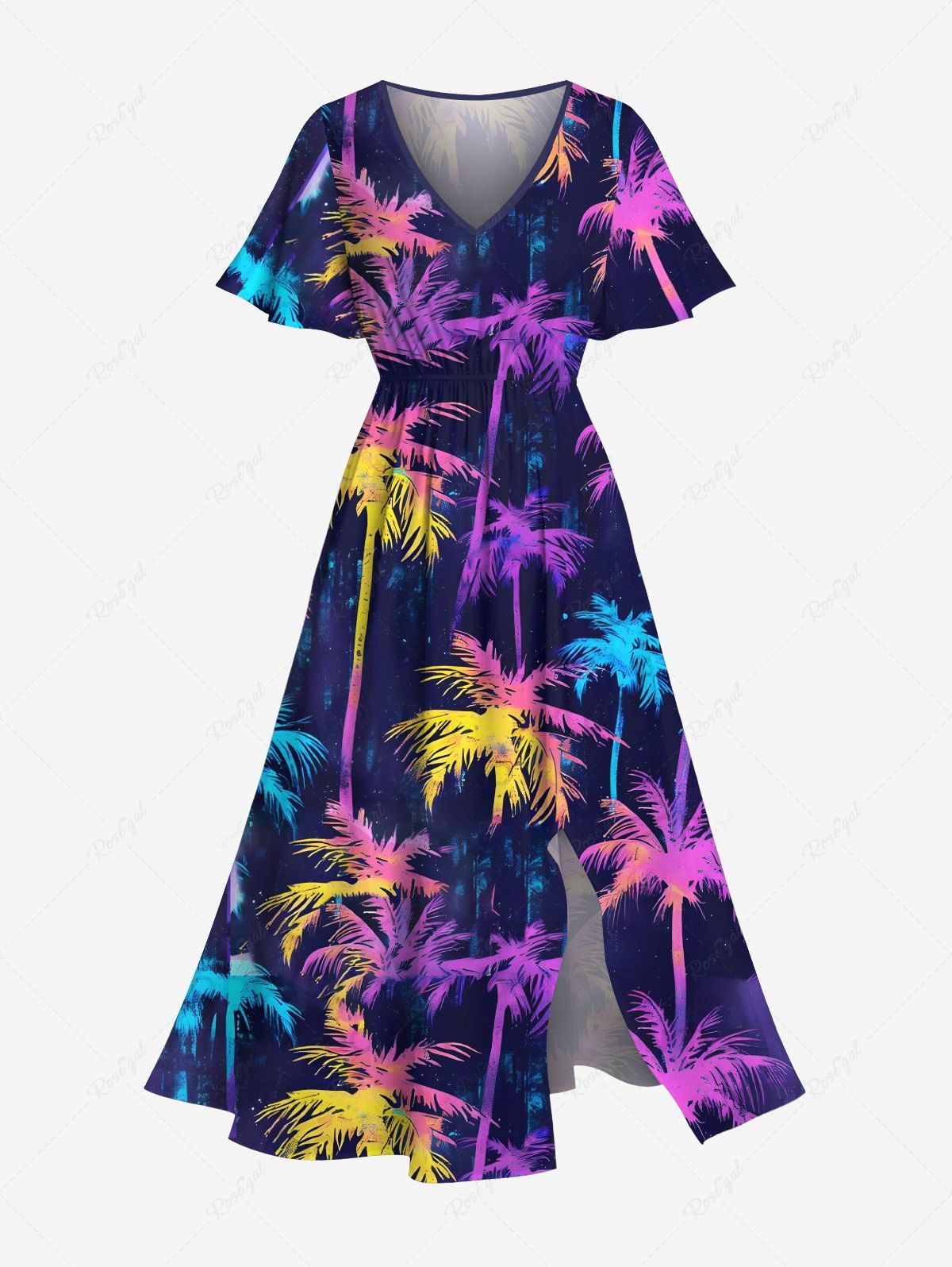 Affordable Plus Size Colorful Coconut Tree Print Hawaii Split Pocket A Line Midi Dress  