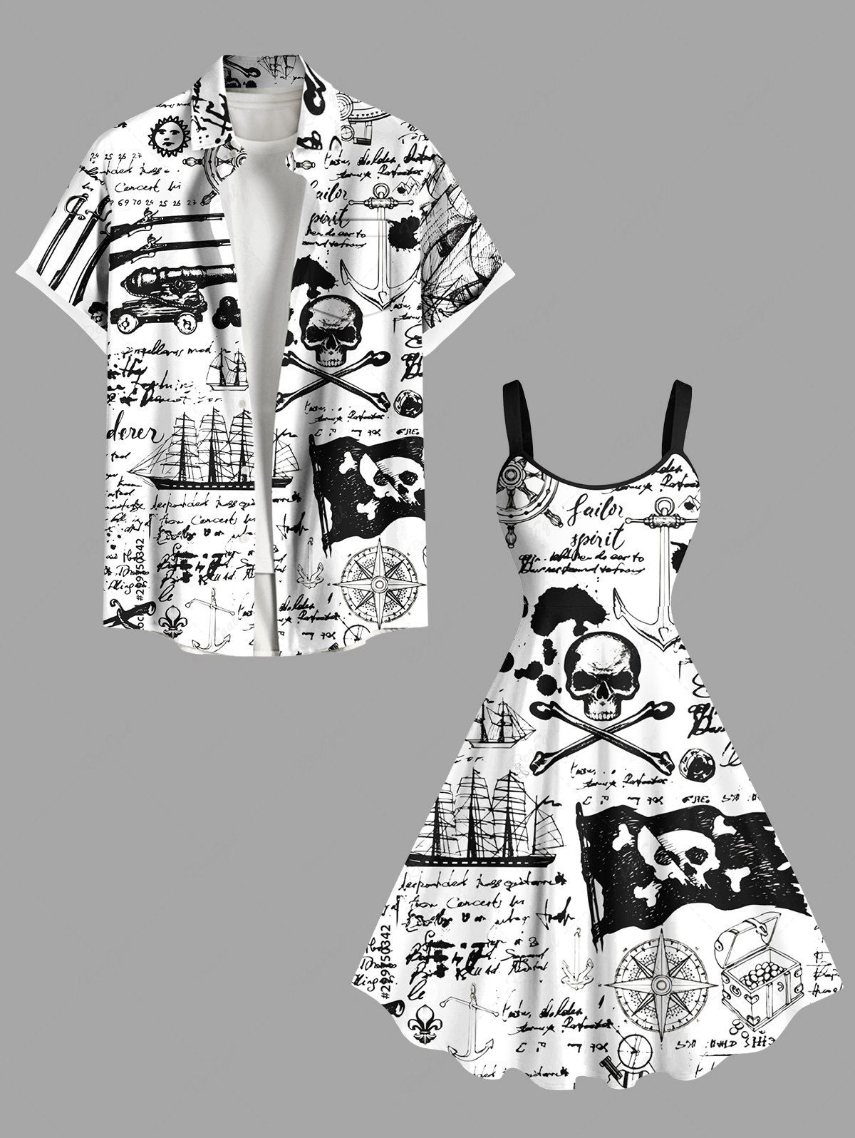 Unique Ink Painting Skull Compass Rudder Letter Sailboat Cruise Print Plus Size Matching Hawaii Beach Outfit For Couples  