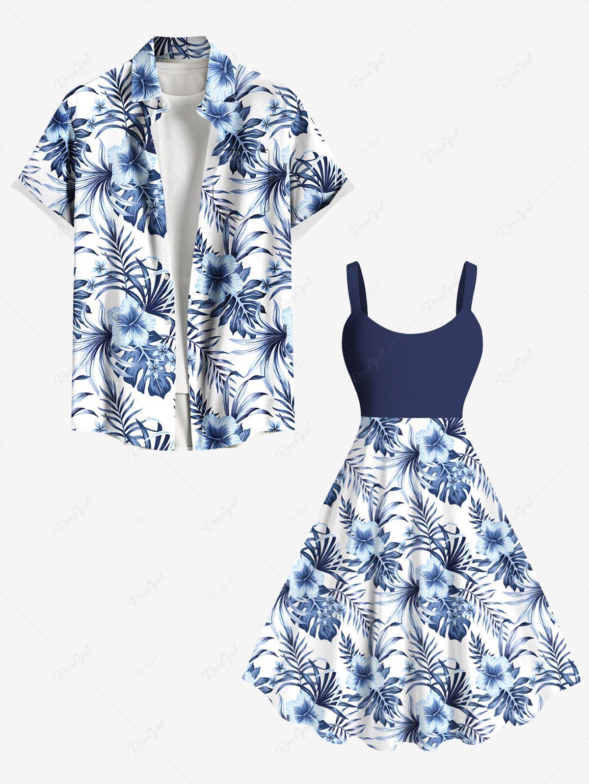 Store Floral Tropical Leaves Print Plus Size Matching Hawaii Beach Outfit For Couples  