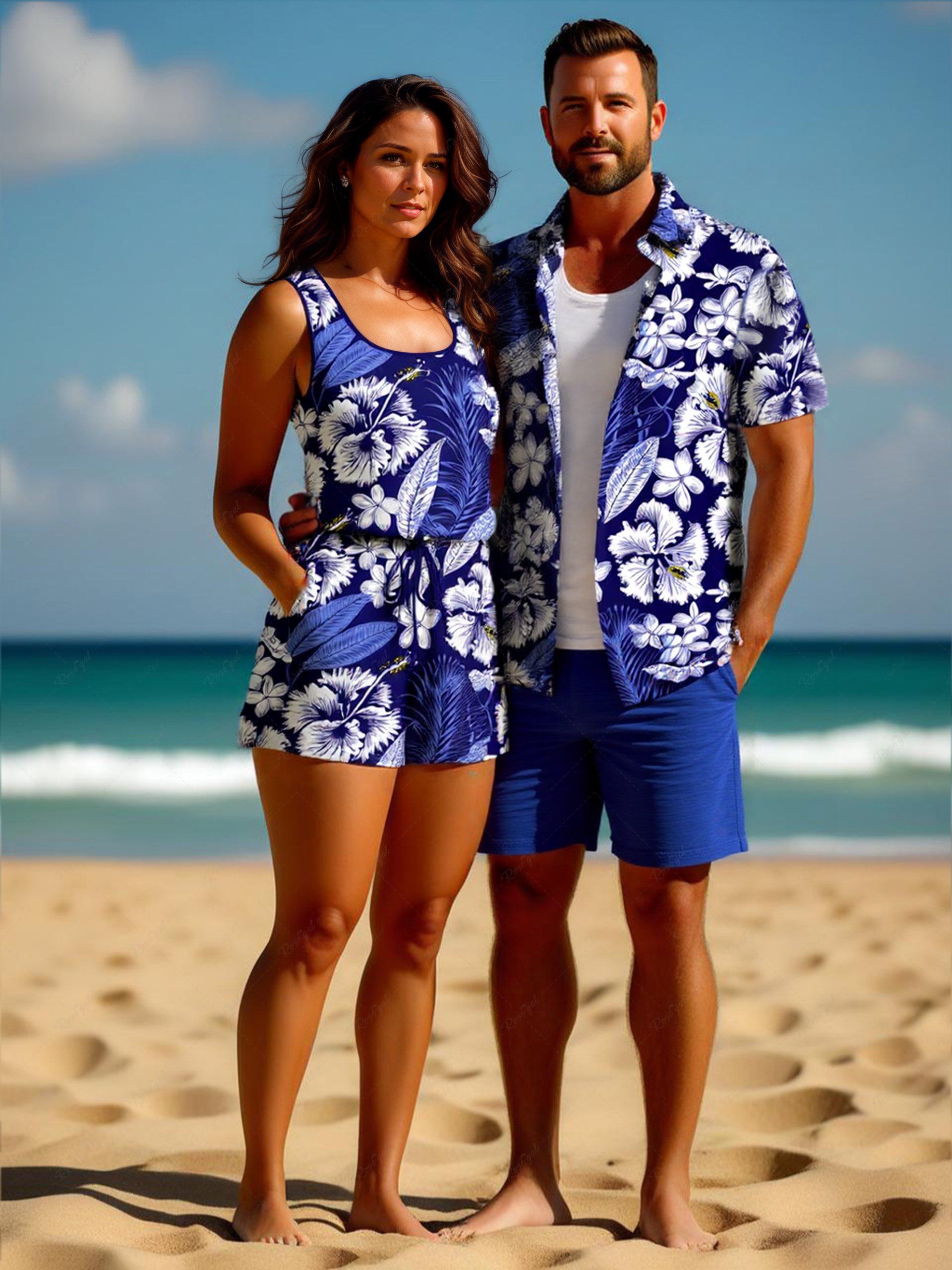 Outfit Tropical Flower Leaf Print Plus Size Matching Hawaii Beach Outfit For Couples  
