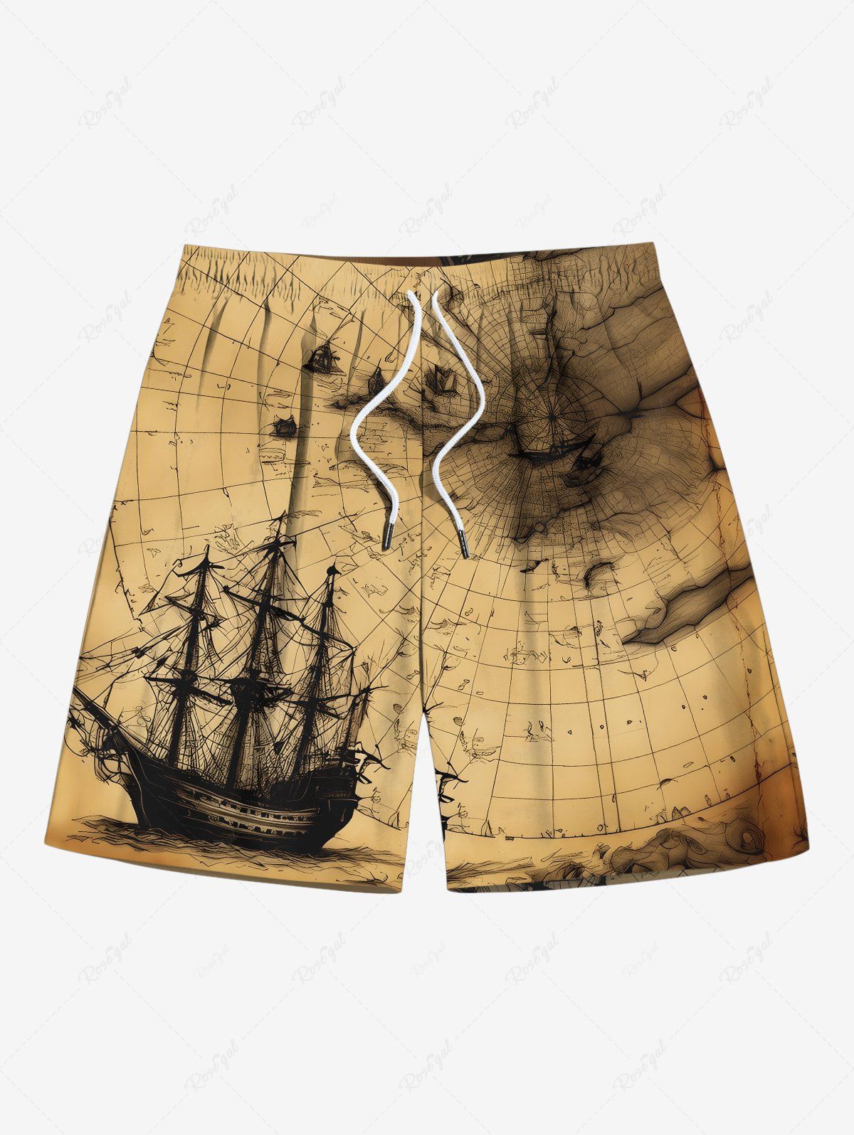 Chic Plus Size Distressed Map Sailboat Cruise Print Hawaii Drawstring Beach Shorts For Men  