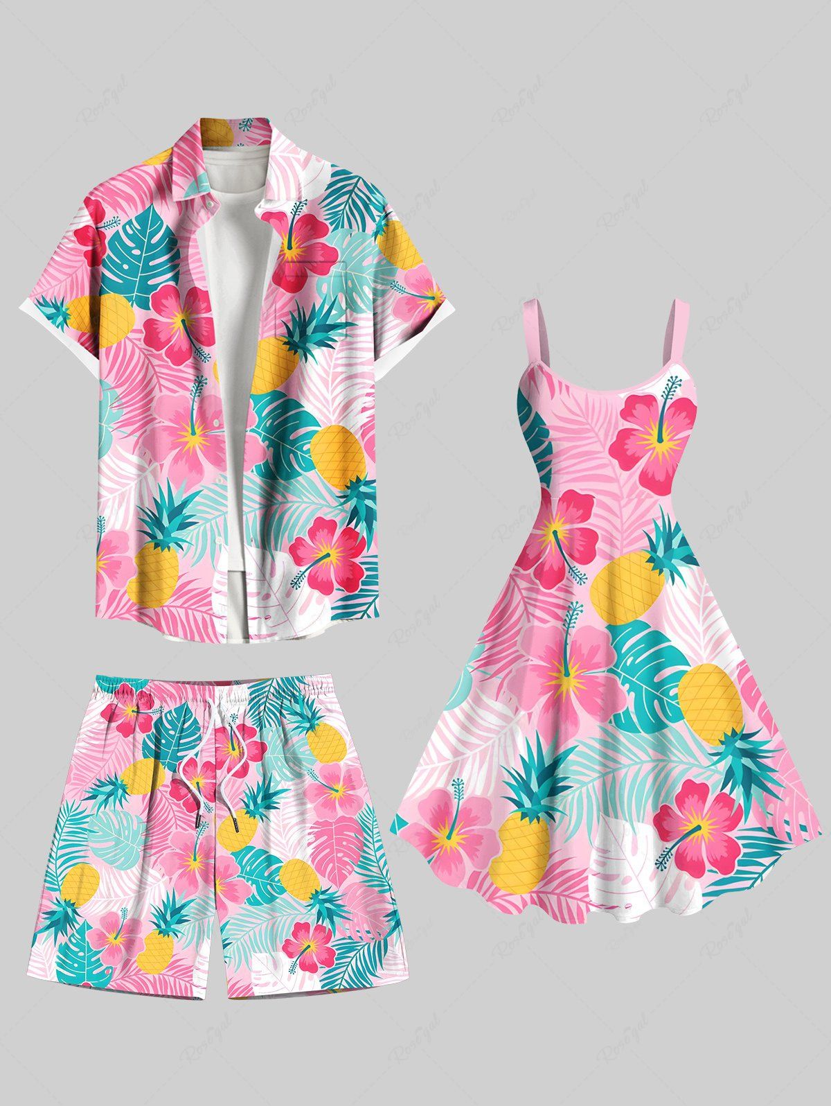 Tenue de Plage Feuille D'Ananas Fleur Imprimés de Grande Taille pour Couples Rose clair 