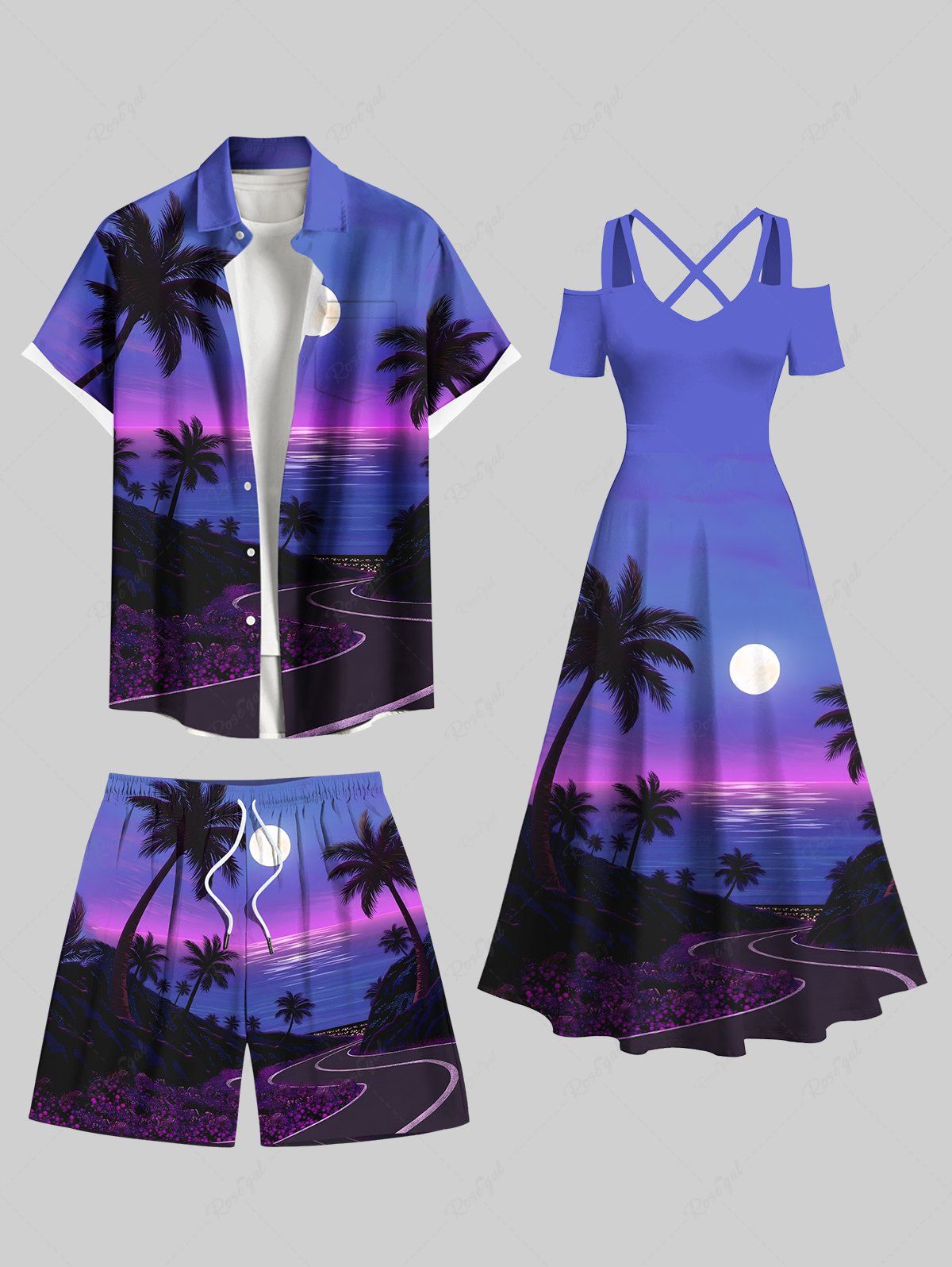 Discount Coconut Tree Moon Sea Ombre Sky Print Plus Size Matching Hawaii Beach Outfit For Couples  