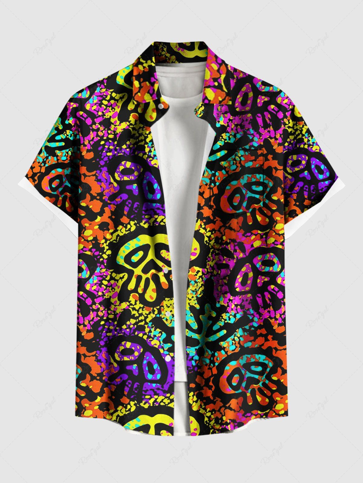 Chemise Boutonnée Crâne Colorée et Peinture Eclaboussée Imprimées avec Poche de Grande Taille pour Homme Rouge 6XL