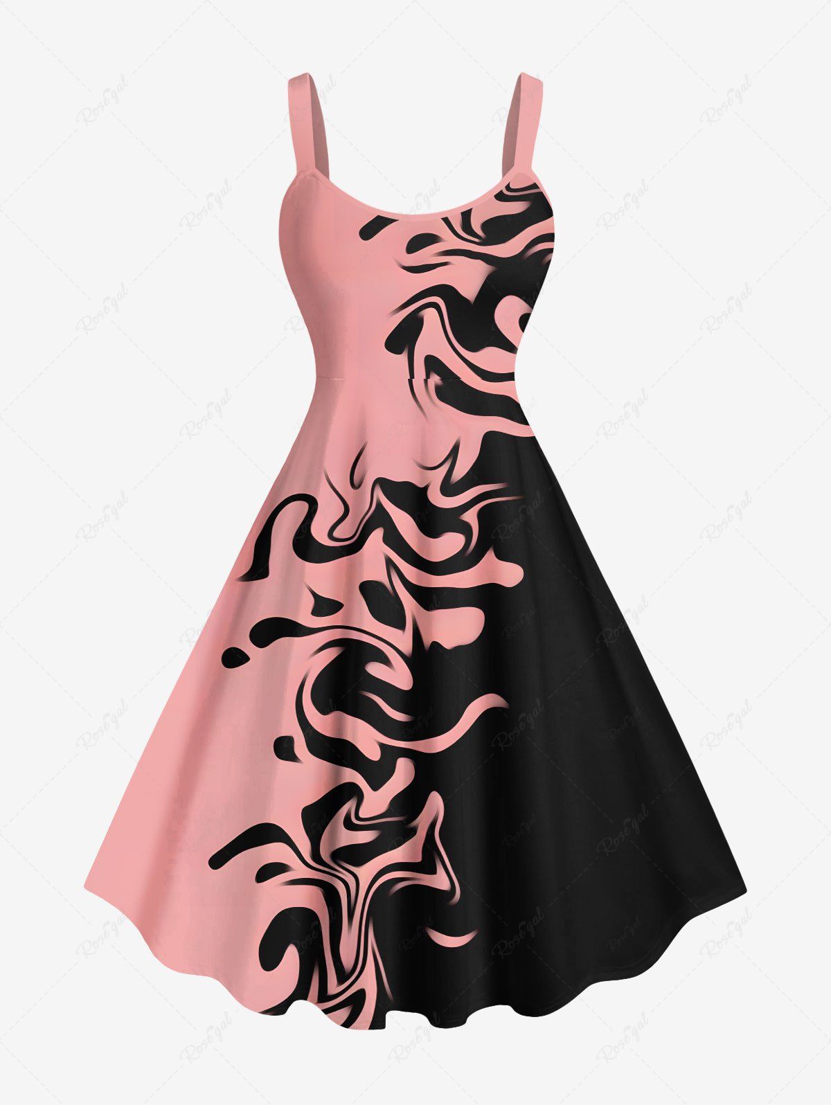 Robe Bretelle Bouclée Contrastée Imprimée en Blocs de Couleurs de Grande Taille Rose clair 6X