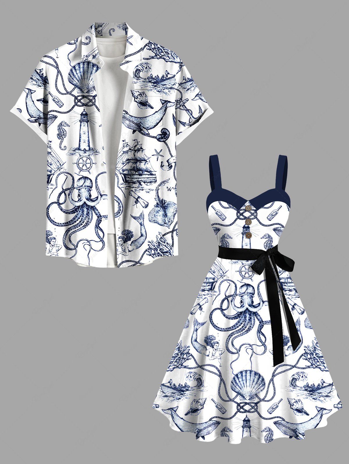 Fashion Octopus Shell Shark Sailboat Mermaid Coral Lighthouse Cruise Print Plus Size Matching Hawaii Beach Outfit For Couples  