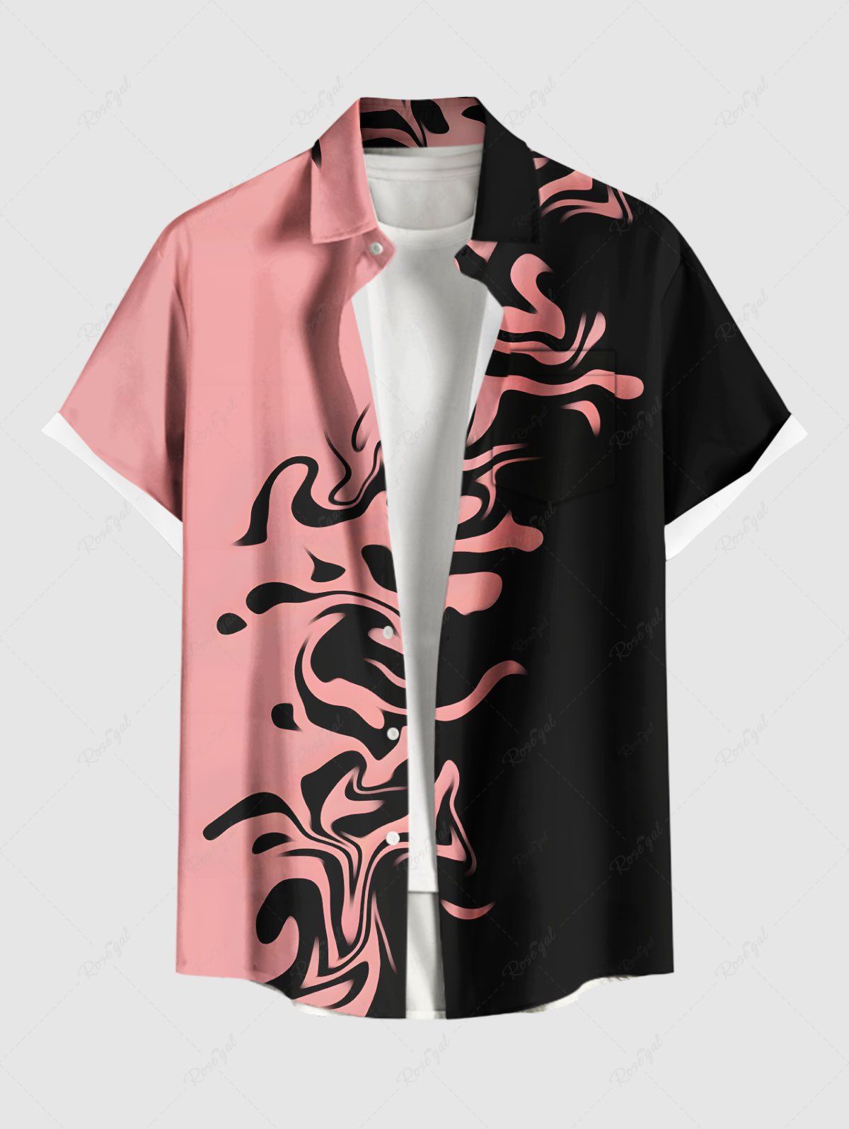 Chemise Bicolore Contrastée Imprimée en Blocs de Couleurs avec Poche de Grande Taille pour Homme Rose clair 6XL