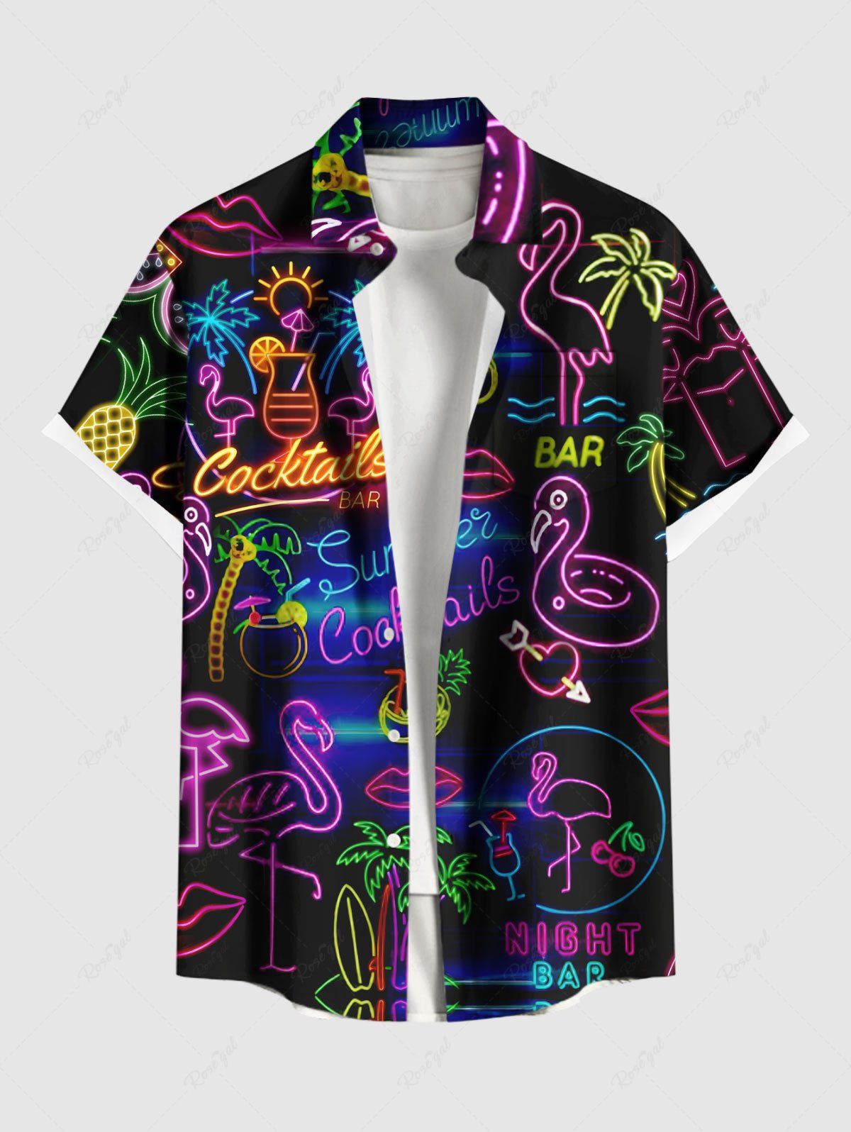 Shop Plus Size Coconut Tree Flamingo Juice Sun Neon Print Buttons Pocket Hawaii Shirt For Men  