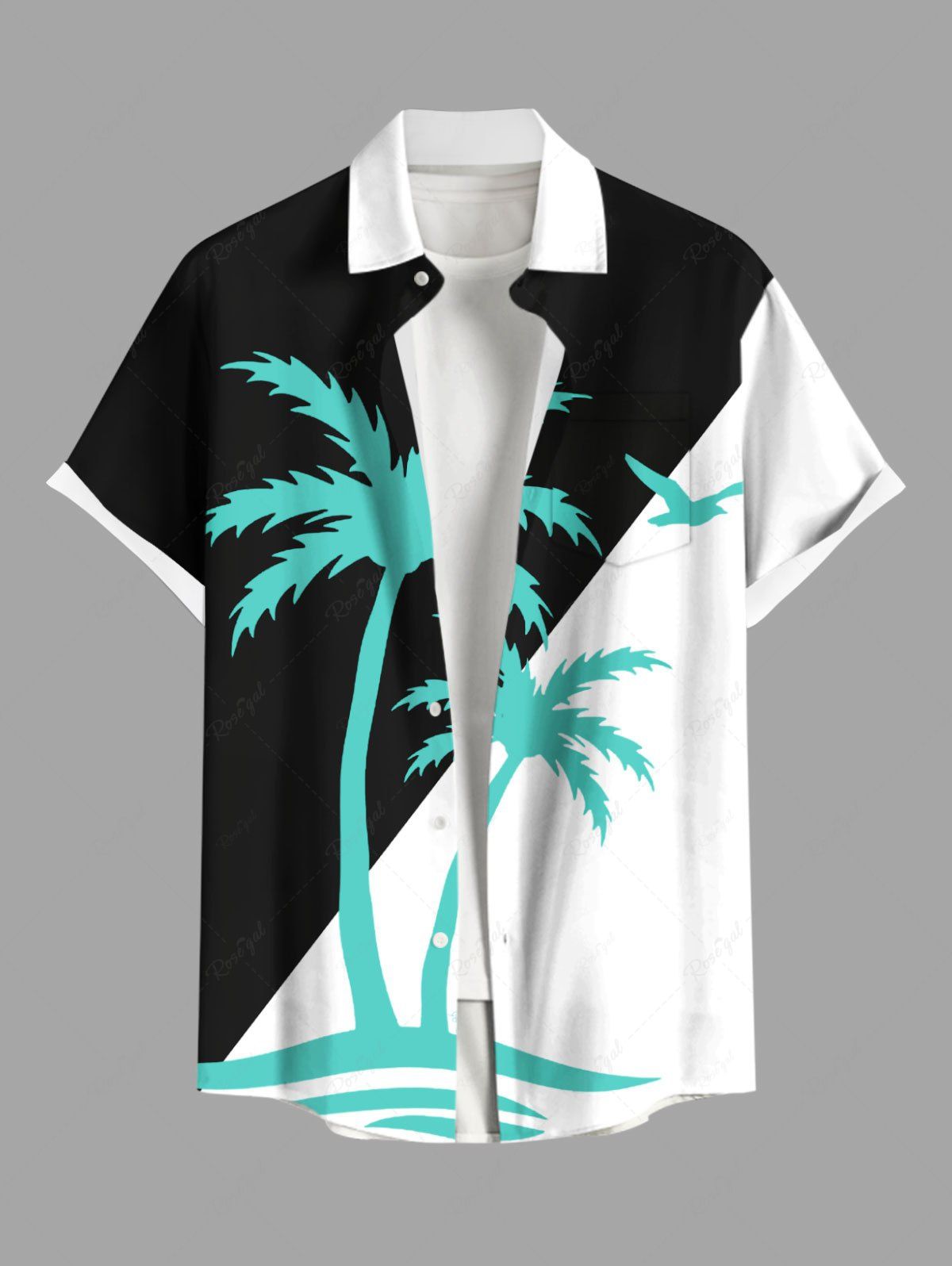 Chemise Décontractée en Blocs de Couleurs Arbre de Noix de Coco Imprimé Grande Taille avec Poche Noir 6XL