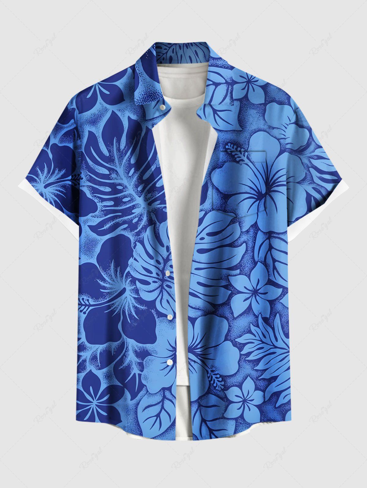 Store Plus Size Hibiscus Flower Leaf Tropical Print Buttons Pocket Hawaii Shirt For Men  
