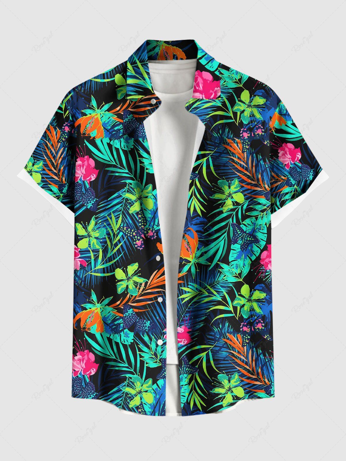 Chemise Imprimé à Fleurs et Feuilles Tropicales Grande Taille avec Boutons pour Homme Noir 6XL