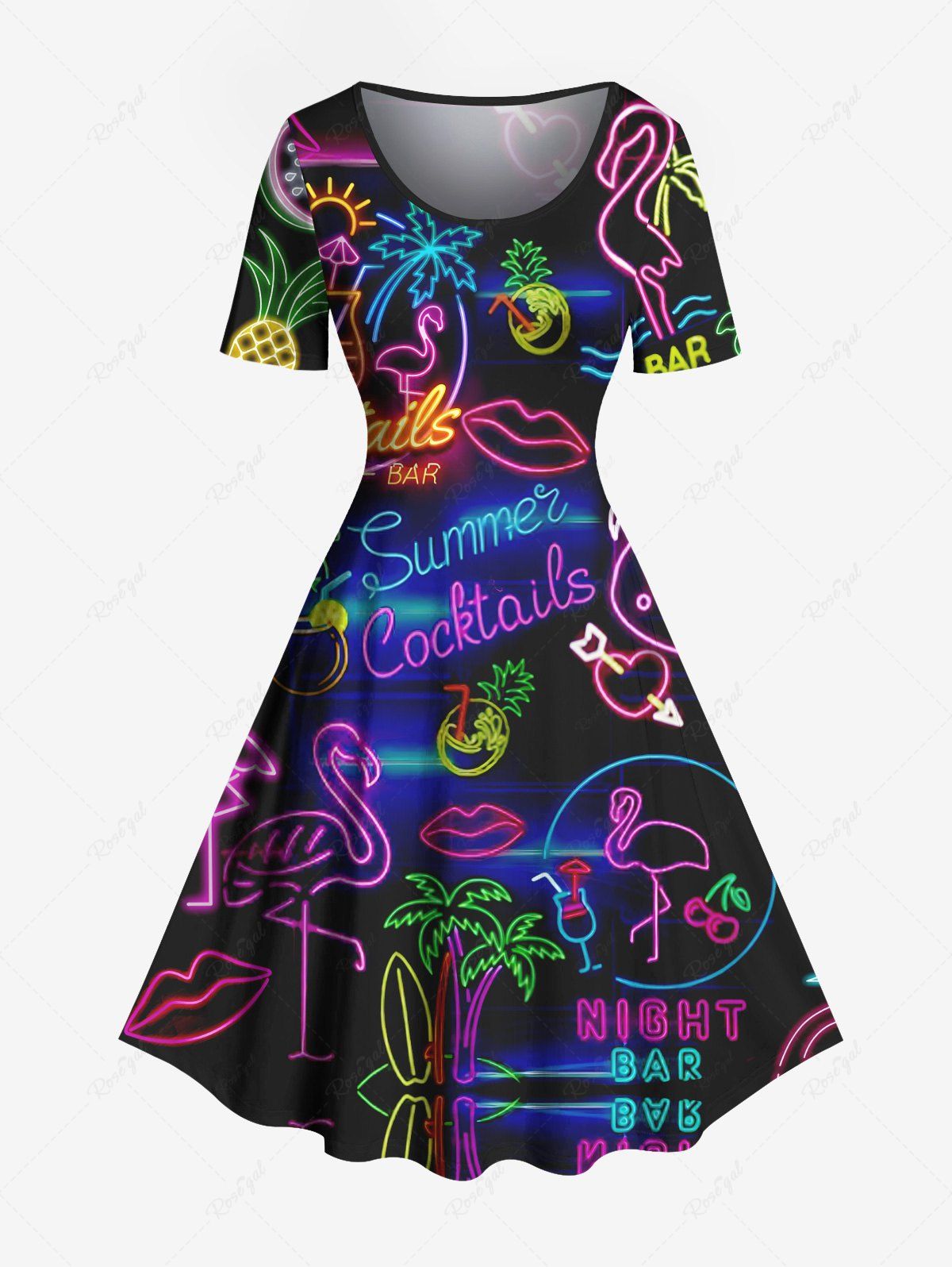 Store Plus Size Coconut Tree Flamingo Juice Sun Neon Print Vintage Hawaii Dress  
