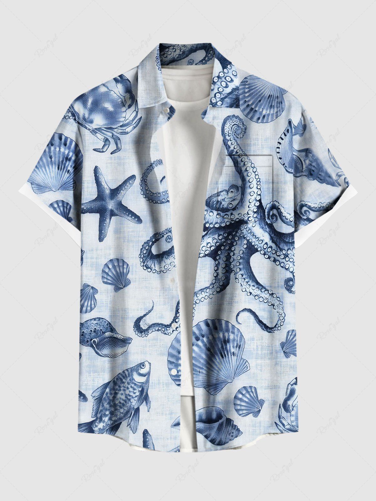 Outfits Plus Size Octopus Starfish Shell Crab Print Buttons Pocket Hawaii Shirt For Men  