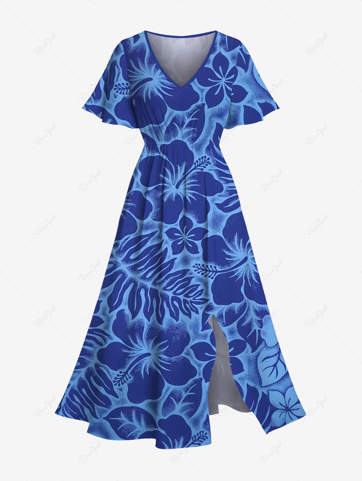 Hot Plus Size Hibiscus Flower Leaf Tropical Print Split Hawaii Midi Dress  