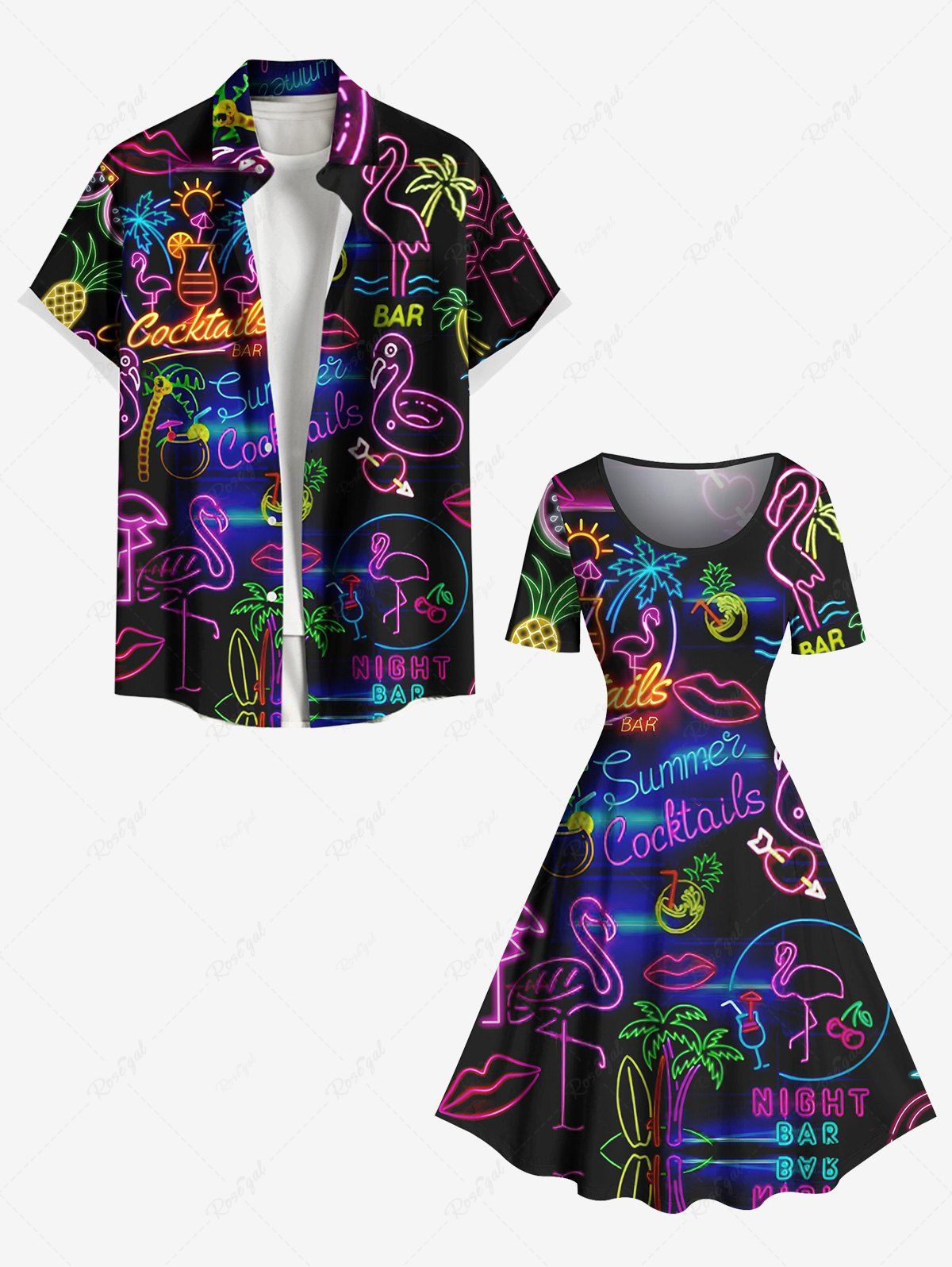 Unique Coconut Tree Flamingo Juice Sun Neon Print Plus Size Matching Hawaii Beach Outfit For Couples  