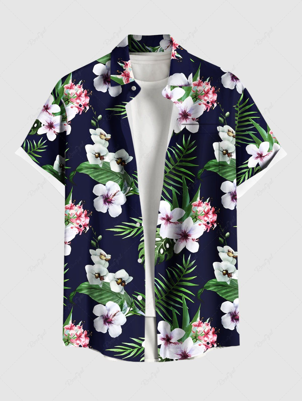 Store Plus Size Tropical Leaves Floral Print Hawaii Button Pocket Shirt For Men  