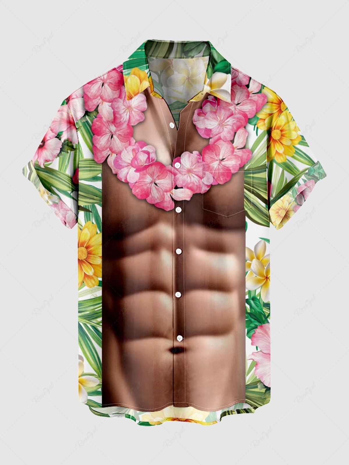 Shops Plus Size Tropical Leaf Flower Muscle Print Hawaii Button Pocket Shirt For Men  