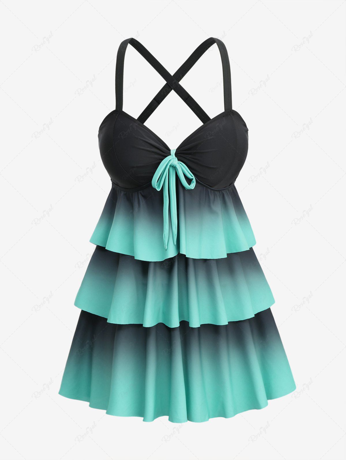 Unique Plus Size Dip Dye Ombre Print Layered Ruffles Crisscross Strappy Tankini Swimsuit  