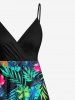 Costume de Plage Grande Taille Imprimé à Fleurs et Feuilles Tropicales - Noir 