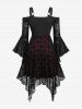 Cross Flocking Mesh Grommets Lace Up Flare Sleeves Cold Shoulder Dress -  