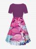 Plus Size Flamingo Floral Leaves Fish Print Hawaii Cinched A Line Dress -  