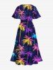 Plus Size Colorful Coconut Tree Print Hawaii Split Pocket A Line Midi Dress -  