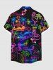 Chemise Néon Boutonnée Flamant et Arbre de Noix de Coco Imprimés avec Poche de Grande Taille pour Homme - Noir 3XL