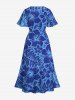 Robe Mi-Longue Fendue Fleur D'Hibiscus et Feuille Tropicale Imprimées de Grande Taille - Bleu S