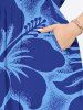 Robe Mi-Longue Fendue Fleur D'Hibiscus et Feuille Tropicale Imprimées de Grande Taille - Bleu S